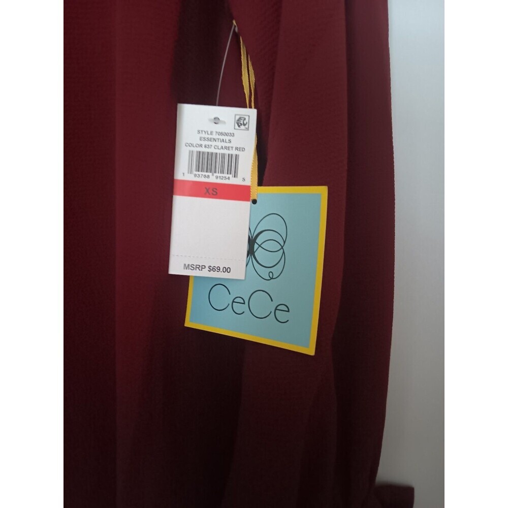 NWT CeCe Claret Red Tie Cuff Ruffle Sleeve Blouse Womens XS V-Neck Long Sleeve - Picture 4 of 9